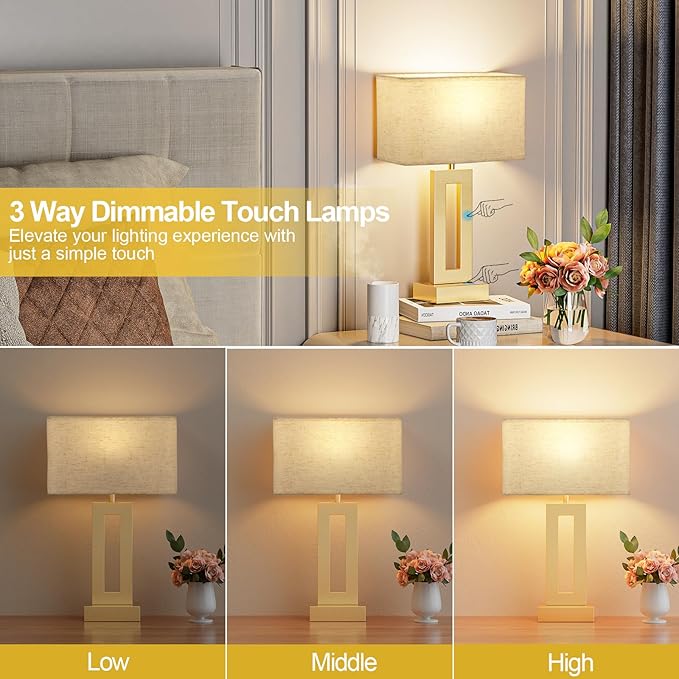 Bedroom Table Lamps Set of 2 - Beige Gold Touch Bedside Lamps with USB C+A, 3 Way Dimmable Gold Lamp for Nightstand, Modern Night Stands Lamps for Living Room
