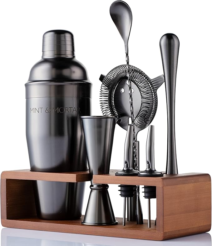 Mint & Mortar Cocktail Shaker Set, 7-Piece Bartender Kit with Stand, 24oz Martini Shaker Bottle Stainless Steel Bar Tools, Home Bar Accessories Drink Mixer, Barware Gift Set - Gunmetal