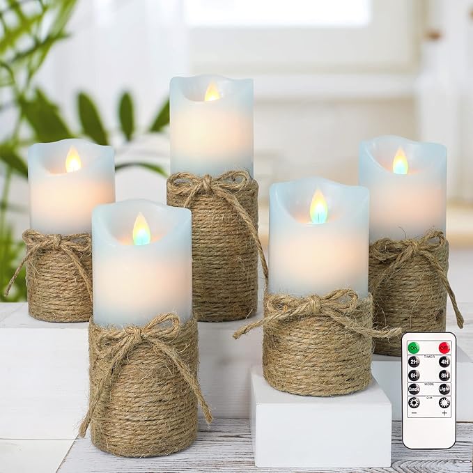 Crystal Club Blue Flameless Candles, Set of 5 Battery Operated LED Pillar Candles with Timer, Real Wax Candle Set with Remote for Home Bedroom Décor