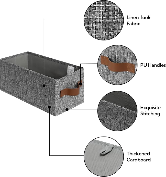 GRANNY SAYS Small Fabric Storage Bins with PU Handles, Storage Baskets for Shelves, Toilet Paper Storage, Narrow Baskets for Organizing DVD, Photos, Clothes, Diaper, Sock, Cd, 6-Pack, Gray