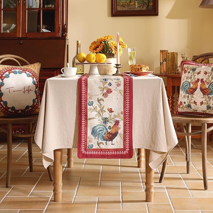 patdrea Designer Farmhouse Linen Table Runner, Rustic Cottage Mauve with Rooster and Floral Pattern Fabric Table Mat, Decoration for Kitchen Dining Coffee Table Banquet Christmas , 12"*102"