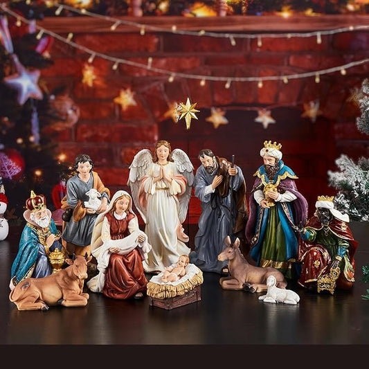 TOETOL Nativity Sets for Christmas Indoor 11.8 Inch Tall Large Set of 13 Pieces Resin Scene Figurine Ornament Religious Christmas Table Decorations Collection Gifts Holidays Decor