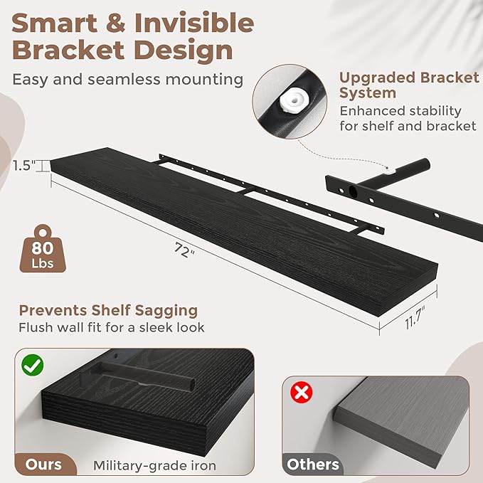 Floating Shelves for Wall with Invisible Brackets, Wall Mounted Engineered Wood Shelves with Wood Grain for Living Room, Bedroom, Bathroom, Kitchen Decor and Storage, Oak, 71"L Set of 2, Black