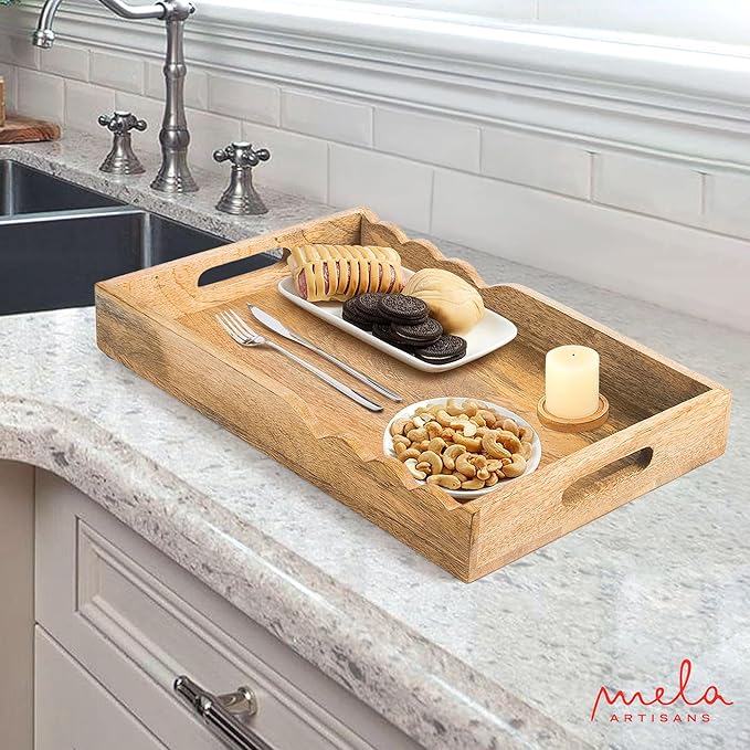 Mela Artisans Wooden Serving Tray with Handles | 15x10x1.75 inch | Mango Wood Decorative Tray| Ottoman Tray | Snacks | Desserts | Breads | Coffee Table | Bedroom | Scalloped Design