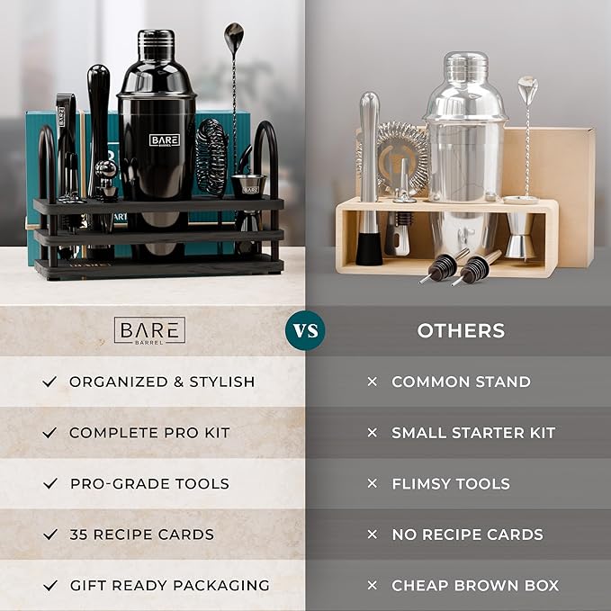BARE BARREL® Mixology Bartender Kit Bar Set | 14-Piece Cocktail Shaker Set | Martini Barware Mixing Tools for Home Bartending | 35 Recipe Cards | Gift Set (24oz Cobbler Shaker, Jet Black/Black)