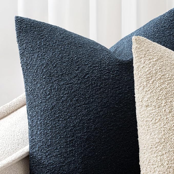 Woaboy Pack of 2 20x20 Inch Decorative Boucle Throw Pillow Covers Textured Square Pillowcaes Accent Solid Cozy Soft Cushion Covers Home Decor for Sofa Couch Living Room Home Decor,Navy Blue