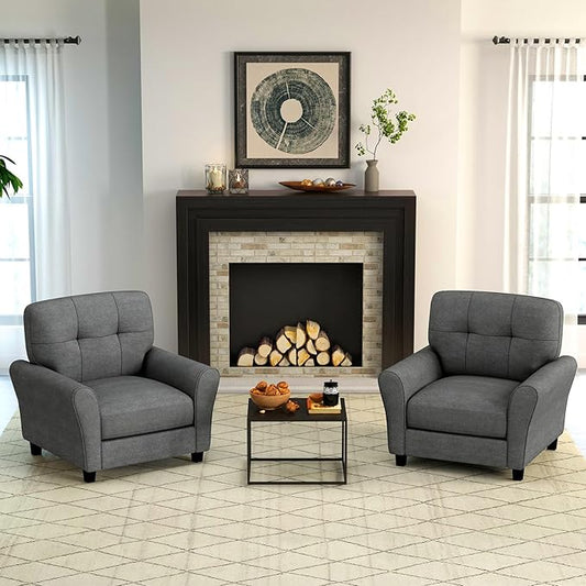 Giantex Modern Mid-Century Accent Chair Set of 2 - Linen Living Room Chair with Tufted Back, 7" Thick Cushion, Max Load 400 lbs, Upholstered Armchair, Club Chair for Bedroom, Grey