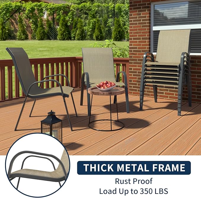 Amopatio Patio Chairs Set of 8, Outdoor Stackable Dining Chairs for All Weather, Brown, Breathable Garden Outdoor Furniture for Backyard Deck