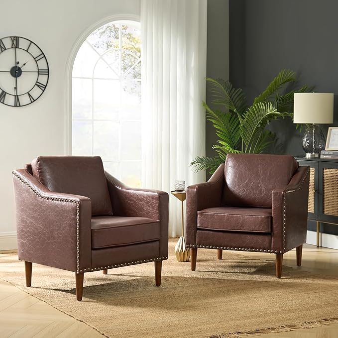 HULALA HOME Faux Leather Accent Armchairs Set of 2 with Back & Seat Cushions, Traditional Club Chairs with Nailhead Trim, Comfy Upholstered Sofa Chairs for Living Room Bedroom, Brown