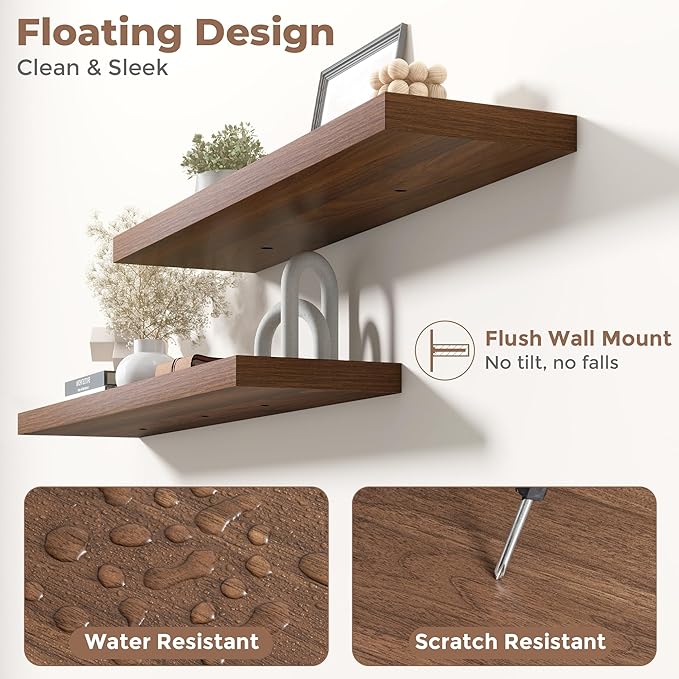 Floating Shelves for Wall with Invisible Brackets, Wall Mounted Engineered Wood Shelves with Wood Grain for Living Room, Bedroom, Bathroom, Kitchen Decor and Storage, Oak, 40"L Set of 2, Walnut