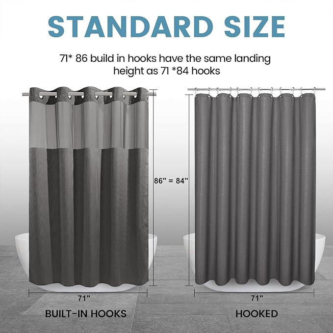 Charcoal Grey Long No Hook Shower Curtain with Snap in Liner,230GSM Waffle Weave Shower Curtains for Bathroom,71W x 86H