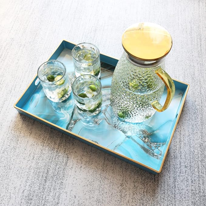 Spsyrine Decorative Tray, Plastic Marble Serving Tray with Handles for Breakfast, Ottoman, Coffee Table, Bathroom, Kitchen, Living Room 15.6” X 10.2"