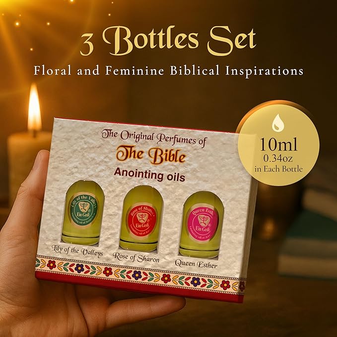 Anointing Oil for Prayer 3 Bottles Set 10ml/0.34oz Each Bottle - The Original Perfumes of The Bible Lily of The Valleys, Rose of Sharon and Queen Esther - Made in The Holy Land - by Ein Gedi