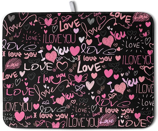 Mother's Day Dish Drying Mat for Kitchen Counter Love Heart Black Drying Mats Absorbent Reversible Microfiber Dish Pad Washable Dish Draining Mat Extra Large 18x24 Inch