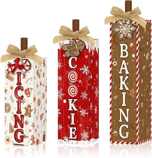 Britimes 3 Pcs Christmas Baking Wooden Table Block Signs, Farmhouse Gingerbread Candy Cane Cookie Print Tiered Tray Decor Rustic Holiday Tabletop Centerpieces for Kitchen Home Winter Decorations