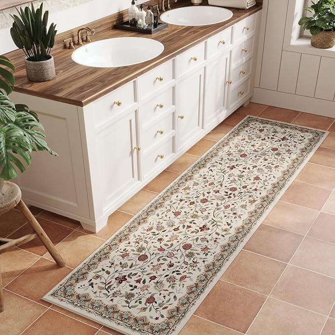 Rugcomf Vintage Paisley Runner Rug 2'7"x8' - Machine Washable, Non-Slip Low Pile Floral Carpet for Kitchen, Laundry, Bedroom, Bathroom - Beige