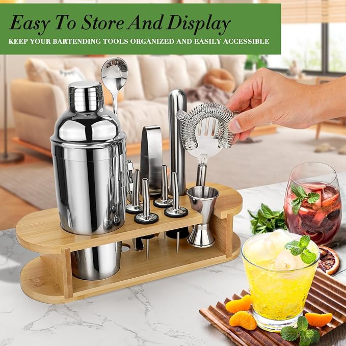 Cocktail Shaker Set Bartender Kit with Stand, Stainless Steel Drink Mixer Set with All Essential Accessories, Professional Bar Tool Set Bartending Kit, Gifts for Home Bar and Men Dad Women
