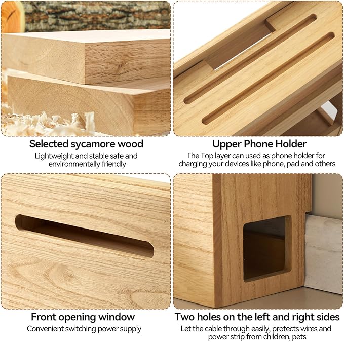 KIRIGEN Wireless Router Storage Box Multi Layer Router Organizer Shelf Wood Power Cable Management and Organizing Rack Box for Office and Home Natural (LYQ-NA)