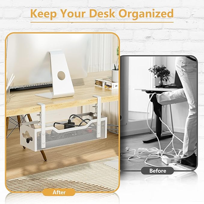 Under Desk Cable Management Tray 13.38", Quszmd Cable Organizer No Drill, Standing Cord Organizer and Wire Management Tray - No Damage to Desk, White