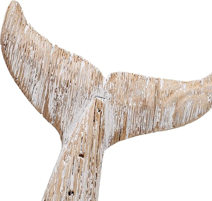Morning View Wooden Whale Tail Decor - Rustic Nautical Free Standing Wooden Statue - 13.6 Inch High