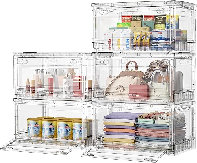 BROVIEW Clear Stackable Storage Bins Drawers, 400Qt Open Front Large Plastic Storage Bins with Lids and Wheels, Foldable Closet Organizers and Storage for Wardrobe Cabinets, Pantry, Makeup,5 Pack