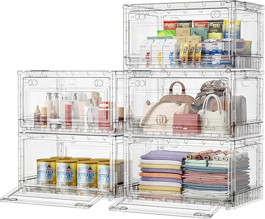 BROVIEW Clear Stackable Storage Bins Drawers, 400Qt Open Front Large Plastic Storage Bins with Lids and Wheels, Foldable Closet Organizers and Storage for Wardrobe Cabinets, Pantry, Makeup,5 Pack
