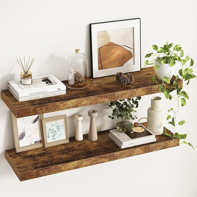 Fun Memories 36Inch Floating Shelves, 9.3Inch Deep Rustic Wall Shelves - Extra Deeper & Thicker Wall Mounted Storage Shelf for Kitchen, Farmhouse - Set of 2 - Rustic Brown