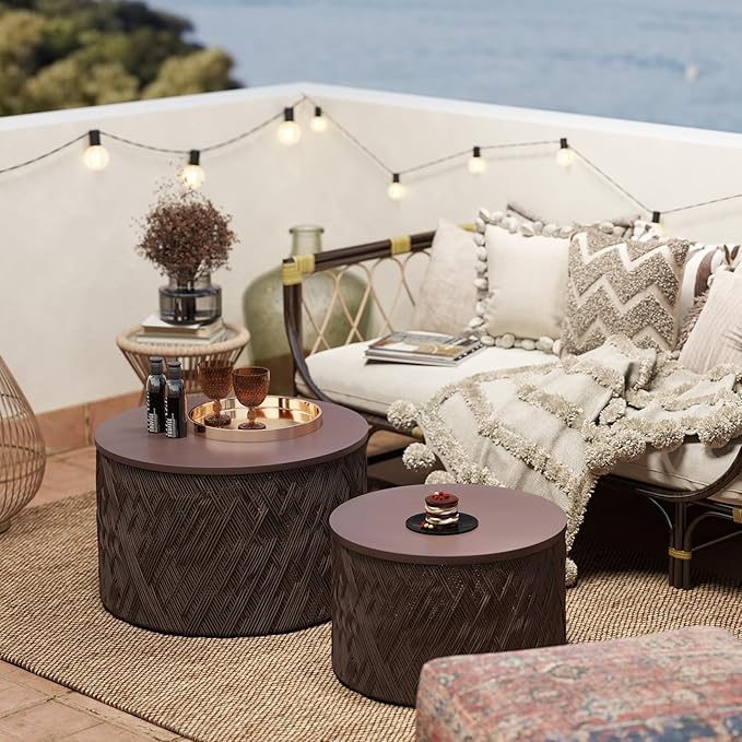 Kmax 30" Round Wood Nesting Coffee Table Set of 2 Handcraft Woven Rope Sofa Tables Both with Storage Drum End Table Side Table for Small Space Living Room No Assembly Needed, Dark Brown