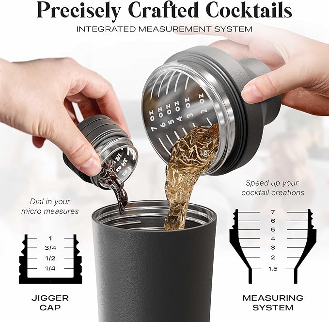 Insulated Cocktail Shaker Set | Double Wall Stainless Steel | Martini Shaker for Home Bar Bartending | Built-in Drink Measurement System & Strainer, Travel Bag, 35 Recipes | Gift Set (Matt Black)
