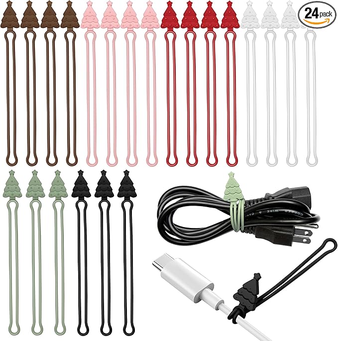 Nearockle 24Pcs Silicone Cable Ties Cord Organizer, 4.5" Reusable Cute Christmas Ties for Bundling Electrical Wire in Home, Office, School, Travel Essentials (Multicolor)