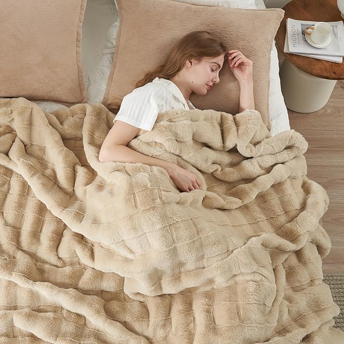 Cozy Bliss Fluffy Faux Fur Throw Blanket for Couch,Warm Cozy Soft Beige Throw Blankets for Sofa Bed Living Room,60x80 Inches