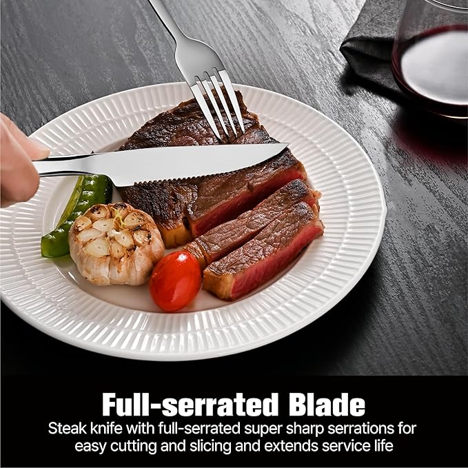 KINGSTONE 24-Piece Silverware Set with Steak Knives, Flatware Set for 4, Stainless Steel Tableware Cutlery Set for Home Restaurant, Mirror Finish,Modern Design