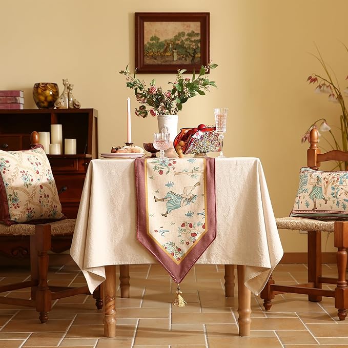 patdrea Designer Idyll Linen Extra Long Table Runner,Vintage Beige Farmhouse with Ancient Figure Fruit Trees Pattern Table Mat, Decoration for Kitchen Dining Paties Banquet Christmas ,16"*118"