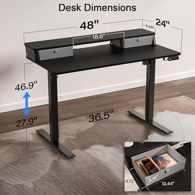 48 x 24 Inch Standing Desk with 2 Drawers, Easily Assembled Height Adjustable Desk, Ergonomic Sit to Stand Electric Desk for Home Office Workstation, Classic Black