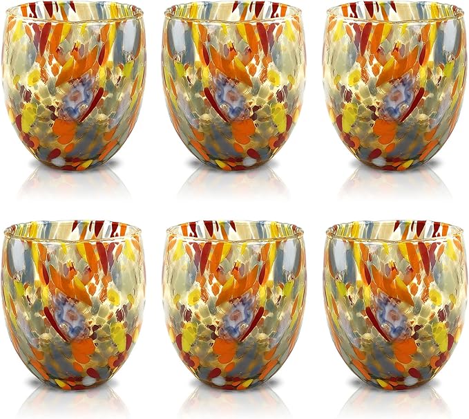 MAZZEGA ART & DESIGN - Set of 6 Handcrafted Blown Glass Water Glasses with Refined and Original Murano Murrine - The Colors of Murano - 'Classic 9,8 oz' Model. Made in Italy (6, Yellow)