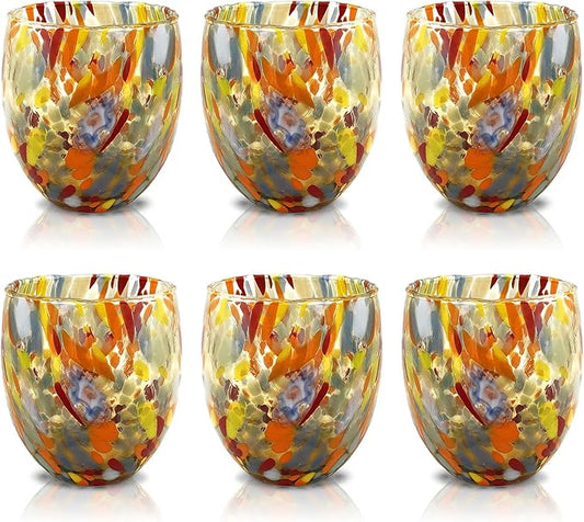 MAZZEGA ART & DESIGN - Set of 6 Handcrafted Blown Glass Water Glasses with Refined and Original Murano Murrine - The Colors of Murano - 'Classic 9,8 oz' Model. Made in Italy (6, Yellow)