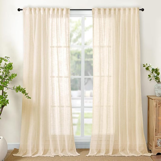 YoungsTex Linen Semi Sheer Curtains 84 Inch Length for Living Room 2 Panels, Champagne Boho Window Treatments Light Filtering Textured with Rod Pocket Back Tab for Bedroom Dining, 52 X 84 Inch