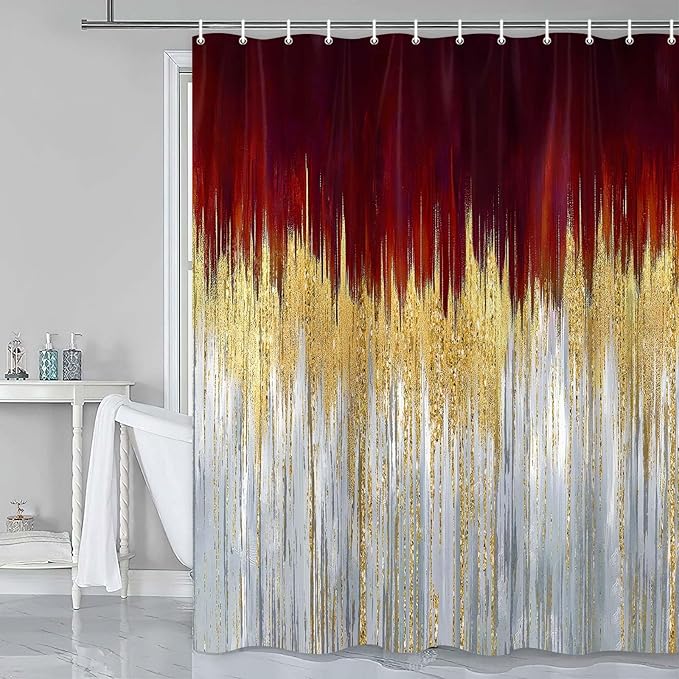 JAWO Abstract Dark Red Shower Curtain, Gold Blue Boho Ombre Minimalist Chic Art Shower Curtains, Modern Neutral Contemporary Striped Brush Strokes Tan Art Waterproof Bathroom Curtain with 12 Hooks