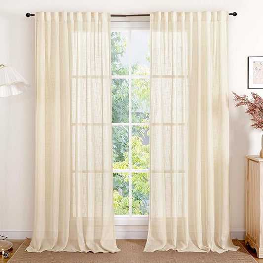 YoungsTex Beige Linen Semi Sheer Curtains 84 Inch Length for Living Room, Cream Window Treatments Light Filtering Textured Drapes with Rod Pocket Back Tab for Bedroom Dining, 2 Panels, 52 X 84 Inch