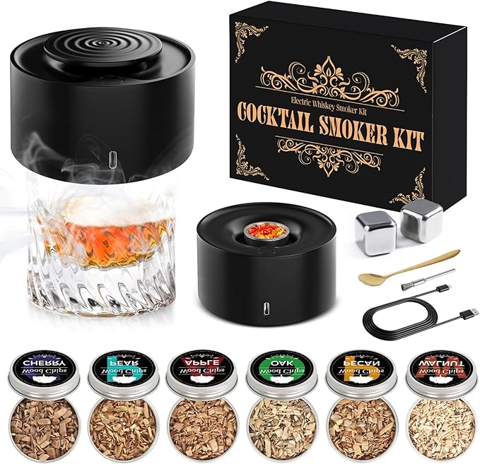 Electric Whiskey Smoker Kit Built-in Lighter, No Butane Needed, 2Ice Cubes, CleanTool, Cocktail Smoker Kit with 6 Wood Chips, Old Fashioned Drink Smoker Kit, Bourbon Whiskey Gifts for Men,Dad,Husband