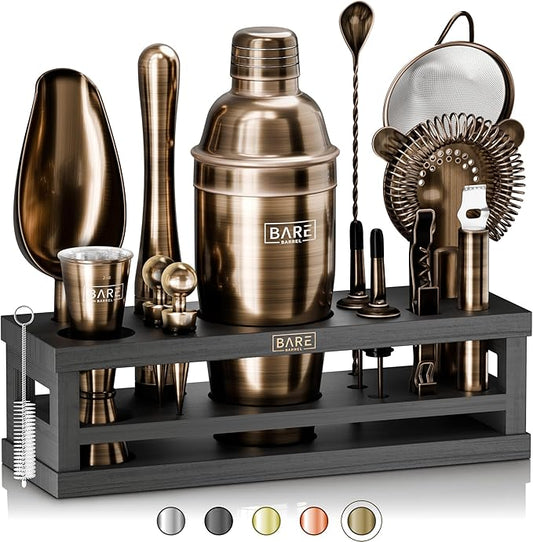BARE BARREL® Mixology Bartender Kit Bar Set | 16-Piece Cocktail Shaker Set | Martini Barware Mixing Tools for Home Bartending | Incl. 35 Recipe Cards | Gift Set (24oz Cobbler Shaker, Brass/Black)