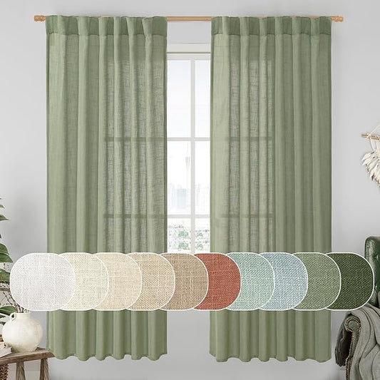 LAMIT Sage Green 72 inch Linen Curtains for Living Room 2 Panels, Linen Textured Light Filtering Semi Sheer Back Tab and Rod Pocket Window Curtain Panels for Bedroom/Farmhouse, 52 x 72 Inch