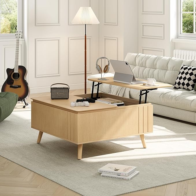 Lift Top Coffee Table with Storage,36" Large Square Coffee Tables for Living Room,Mid Century Modern Center Table for Home, Oak