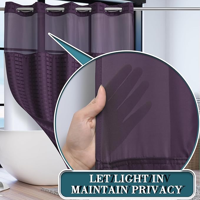 Conbo Mio No Hook Shower Curtain with Snap in Liner Set, Hotel Luxury Purple Shower Curtains for Bathroom with See Through Top Window, Waterproof, Washable 71W x 74H