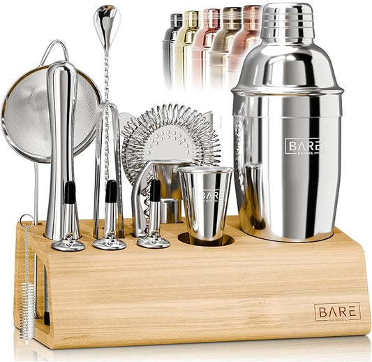 BARE BARREL® Mixology Bartender Kit Bar Set | 14-Piece Cocktail Shaker Set | Martini Barware Mixing Tools for Home Bartending | Incl. 35 Recipe Cards | Gift Set (24oz Cobbler Shaker, Silver/Natural)