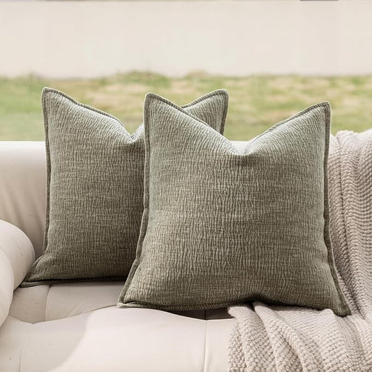 DWR Decorative Throw Pillow Covers Set of 2, 20x20 Crinkled Chenille Textured Cushion Covers for Couch, Sofa or Bed, Modern Rustic Home Accent in Slate Sage Green/Gray