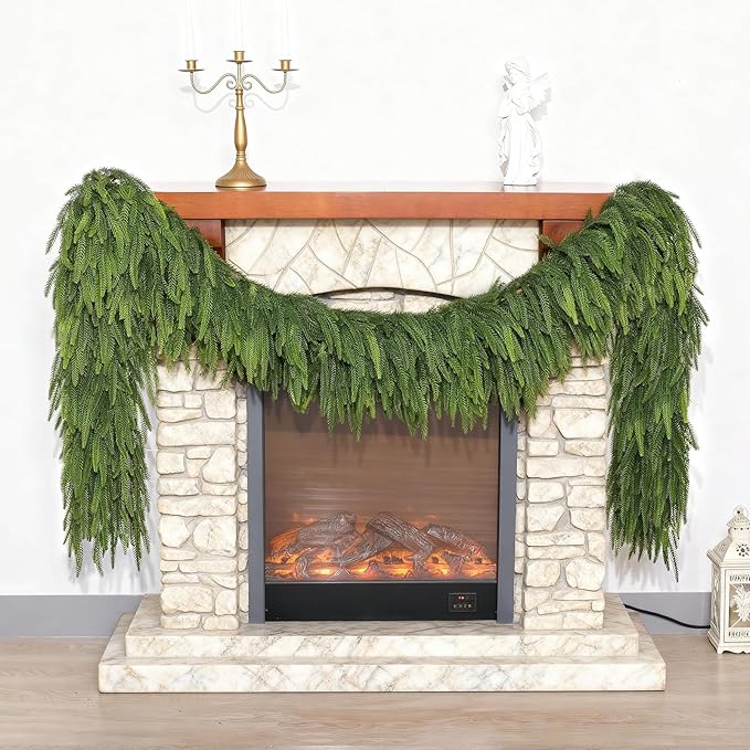 Christmas Norfolk Pine Garlands - 16ft Artificial Garland Faux Green Fake Pine Needles Garland for Fireplace,Table,Window,Stairs,Mante,Holiday Indoor Outdoor Xmas Decor(1PCS)