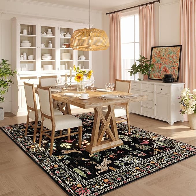 Rugcomf Living Room Rug 6x9 Rug Machine Washable Boho Area Rug Non Slip Floral Animal Vintage Low Pile Large Rug for Living Room, Bedroom, Farmhouse, Dining Room, Kids Playroom (Black)
