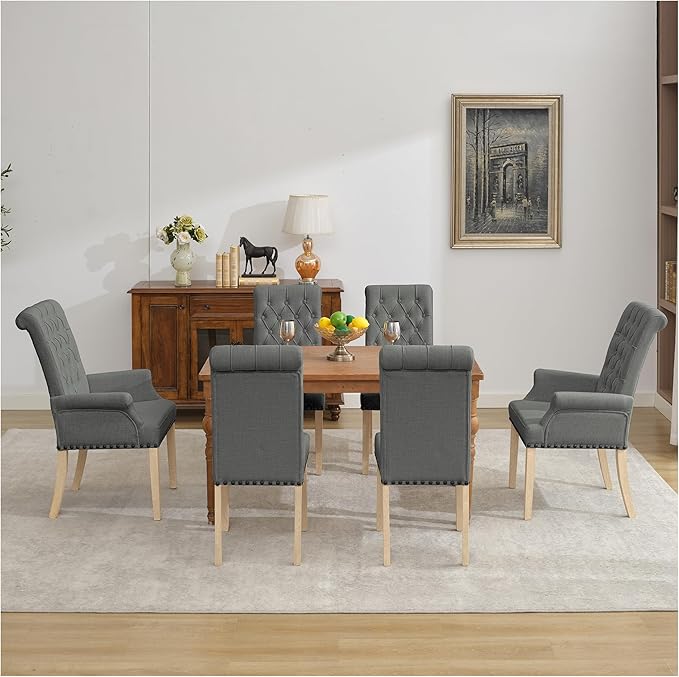 AODCHR Upholstered Fabric Accent Dining Chair Set of 6, Elegant Tufted Dining Room Chairs, Kitchen Room 2 Arm with 4 Armless,Dark Grey