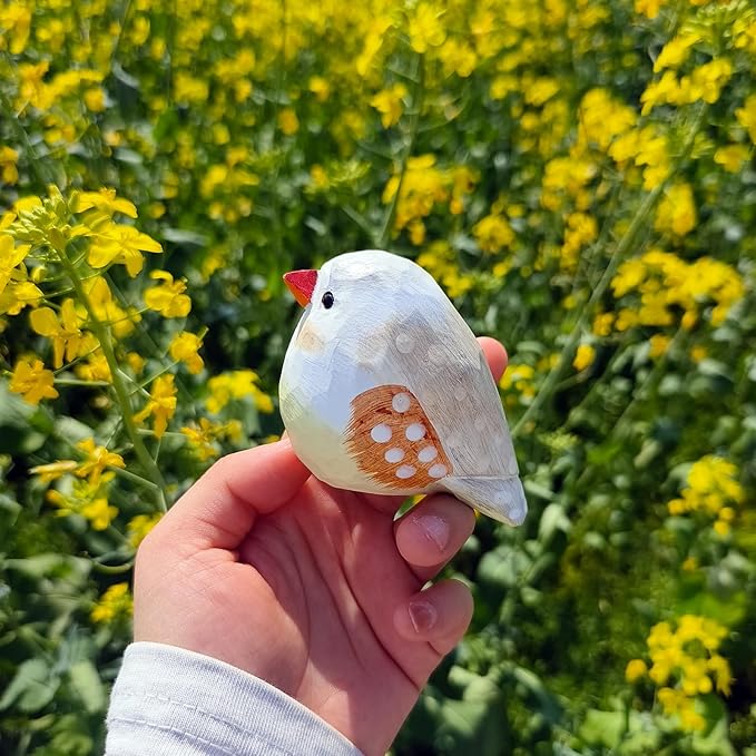 Handmade Wooden Carved Bird Decor Sculpted Hand-Painted Bird Figurines Small Home Decor Bird Statue Shelf Decor BFF Gifts for Bird Lovers (Brown Zebra Finch)